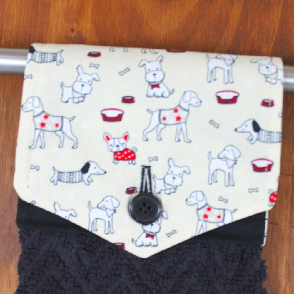 DOG NOVELTY PRINT BLACK &BEIGE HANDMADE HANGING KITCHEN BLACK COTTON TOWEL